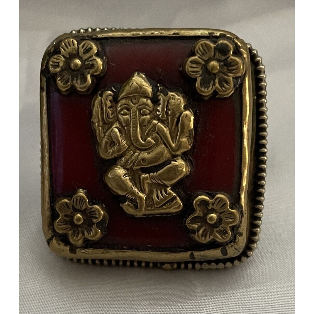 Hand made brass ring Ganesha red coral